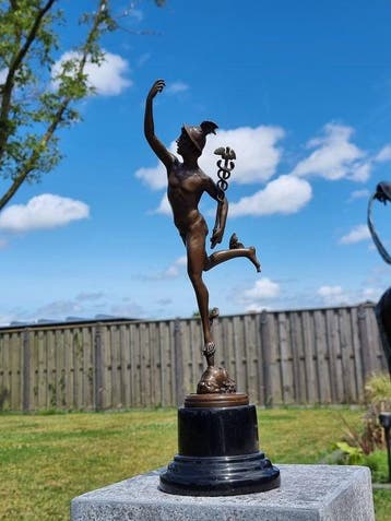 Beeld, Large Bronze Mercury Statue - 43 cm - Brons, Marmer -, Antiek en Kunst