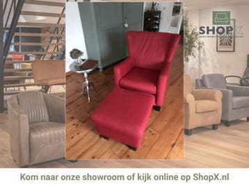 Leren oorfauteuil met houten poten - met hocker - rood leer, Huis en Inrichting, Ophalen of Verzenden, Nieuw