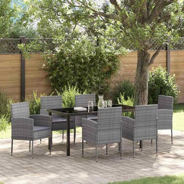 vidaXL Tuin Eettafel Set met kussen 7 pcs Grijs poly rattan, Verzenden, Nieuw