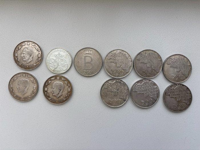 België. Lot van 11 munten: 9 x 500 Francs, 2 x 250 Francs,, Postzegels en Munten, Munten | Nederland
