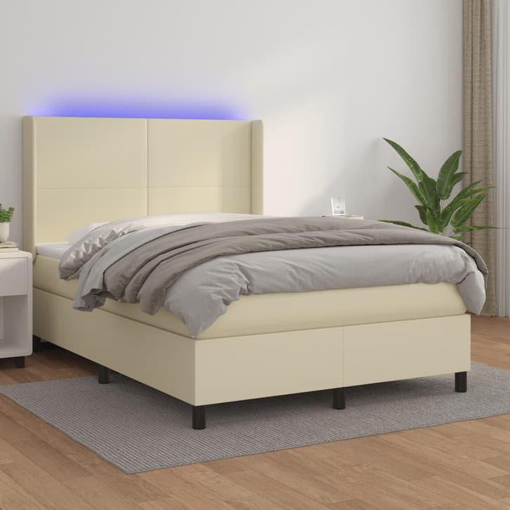 vidaXL Boxspring met matras en LED kunstleer crèmekleurig, Huis en Inrichting, Slaapkamer | Bedden, Nieuw, Verzenden