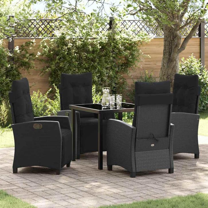 vidaXL Tuin Eettafel Set met kussen 5 pcs Zwart poly rattan, Tuin en Terras, Tuinsets en Loungesets, Nieuw, Verzenden
