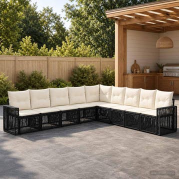 vidaXL Tuinbank Set 9 st Zwart en Crème Wit poly rattan, Verzenden