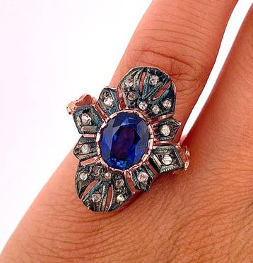 Zonder minimumprijs - Ring - 9 kt. Roségoud, Zilver Saffier