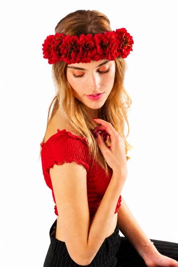 KIMU® Grote Ibiza Rode Bloemenkrans Haar Rood Bloemen Haarba, Ophalen of Verzenden, Nieuw