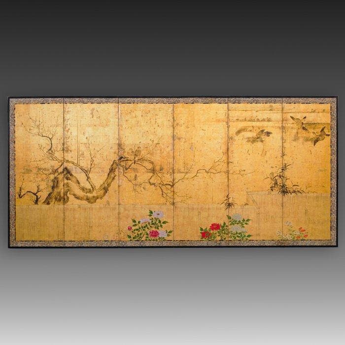 Vouwscherm met vogels, lentebladeren en volle maan - Gelakt, Antiquités & Art, Antiquités | Autres Antiquités