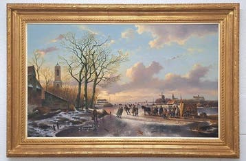 Fred Arends (1949) - Winter landschap met vele figuren en, Antiek en Kunst