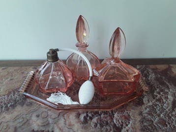 Parfum vaas (5) - Glas, Hout - Art Deco boudoir set 1900, Antiek en Kunst