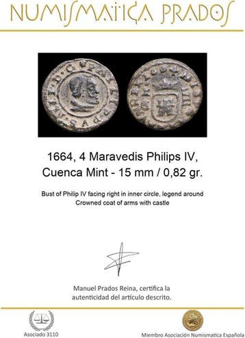 Spanje. Felipe IV. 4 Maravedís 1664, Cuenca Mint (Zonder