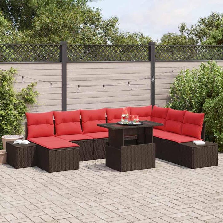 vidaXL Tuinbank Set 9 st Bruin en Rood poly rattan, Tuin en Terras, Tuinsets en Loungesets, Nieuw, Verzenden
