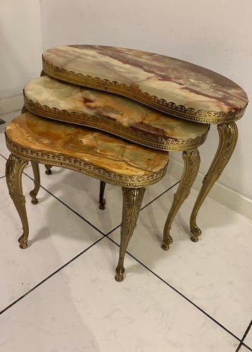 Set bijzettafels - Marmer, Messing, Onyx - Set van drie