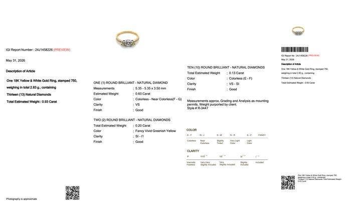 Ring - 18 karaat Geel goud, Witgoud - 0.93ct. tw. Diamant, Bijoux, Sacs & Beauté, Bagues