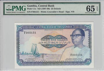 Gambia 25 Dalasis Nd1987-90 Pick 11c Pmg Gem Unc 65 Epq, Verzenden
