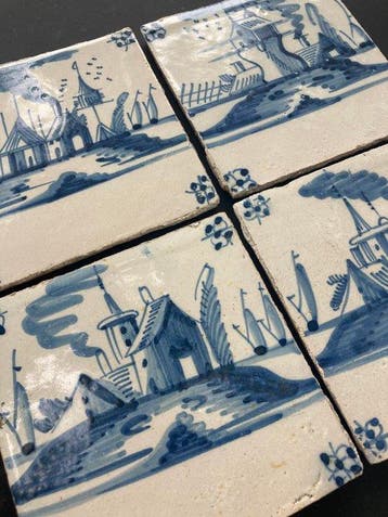 Tegel - Antieke Delfts blauwe tegels met kastelen, duiventil, Antiek en Kunst