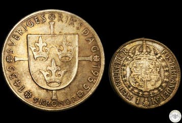 Zweden. Gustav V. Set of 2 coins: 1 & 5 Kronor 1935/1939,, Postzegels en Munten, Postzegels | Europa | Rusland, Gestempeld