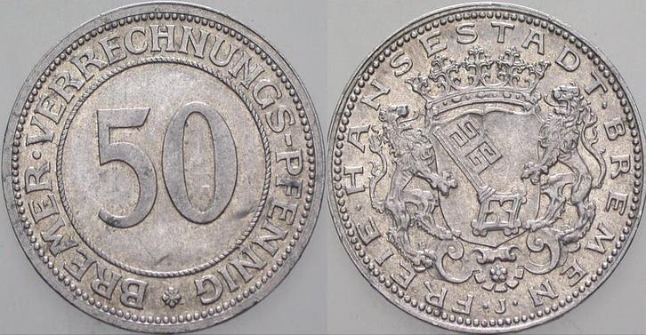 50 Bremer Verrechnungspfennig ohne Jahr Freie Hans ohne J..., Timbres & Monnaies, Monnaies | Europe | Monnaies non-euro, Envoi