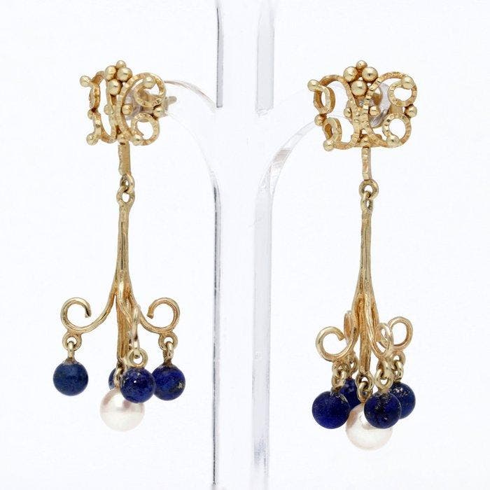 Oorbellen - 14 karaat Geel goud Parel - Lapis lazuli, Handtassen en Accessoires, Oorbellen