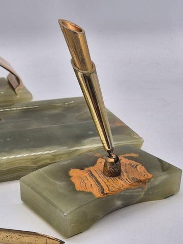 Vintage Onyx & Messing Schreibtischset – Mehrteilige