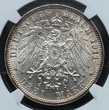 Allemagne, Empire 3 Mark 1911 F – „Silberne Hochzeit“ – NGC