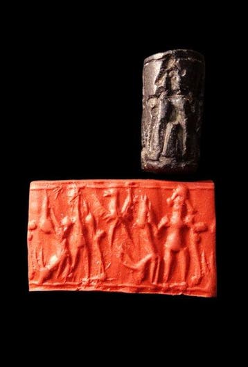 Akkadiaans Cilinderzegel van zwarte steen - Mesopotamië, 2e