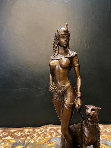 Cesaro - sculptuur, Cleopatra met PANTHER - 27 cm - Brons,