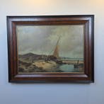 Hollandse School (XIX-XX) - Vissers en zeilschip aan de kust