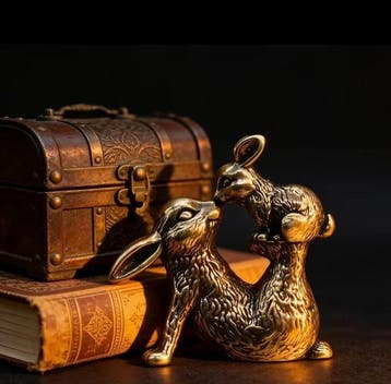 Vintage Brass Rabbit Family Sculpture – Mother Rabbit with