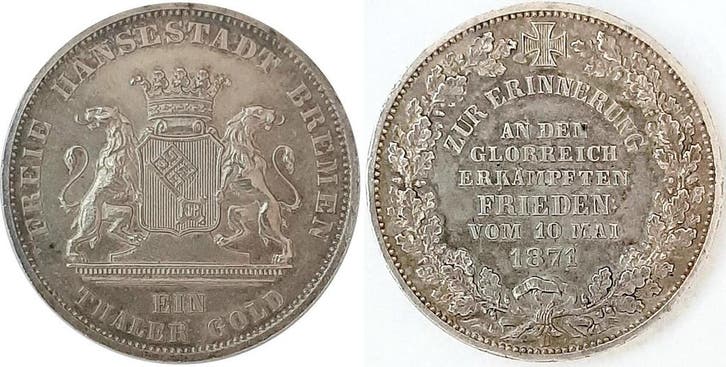 Duitsland Siegestaler, daalder Bremen 1871 Patina Kahnt 1..., Timbres & Monnaies, Monnaies & Billets de banque | Accessoires, Envoi