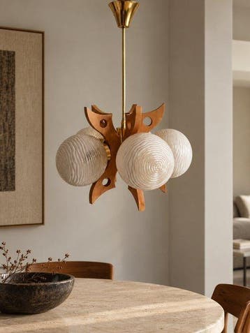 Plafondlamp - Hout, Glas, Messing - Een vintage hanglamp uit