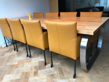 Set van 8 leren kuip eetkamerstoelen - met wieltjes - geel, Ophalen of Verzenden, Nieuw, Eén