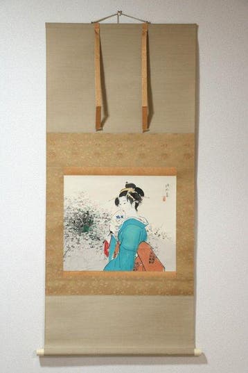Autumn Garden - Beauty with Uchiwa Fan, Hanging Scroll,