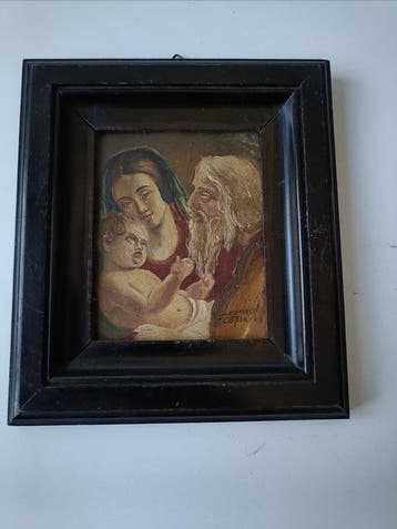 Artista mistico Italiano - La Sacra Famiglia olio su rame