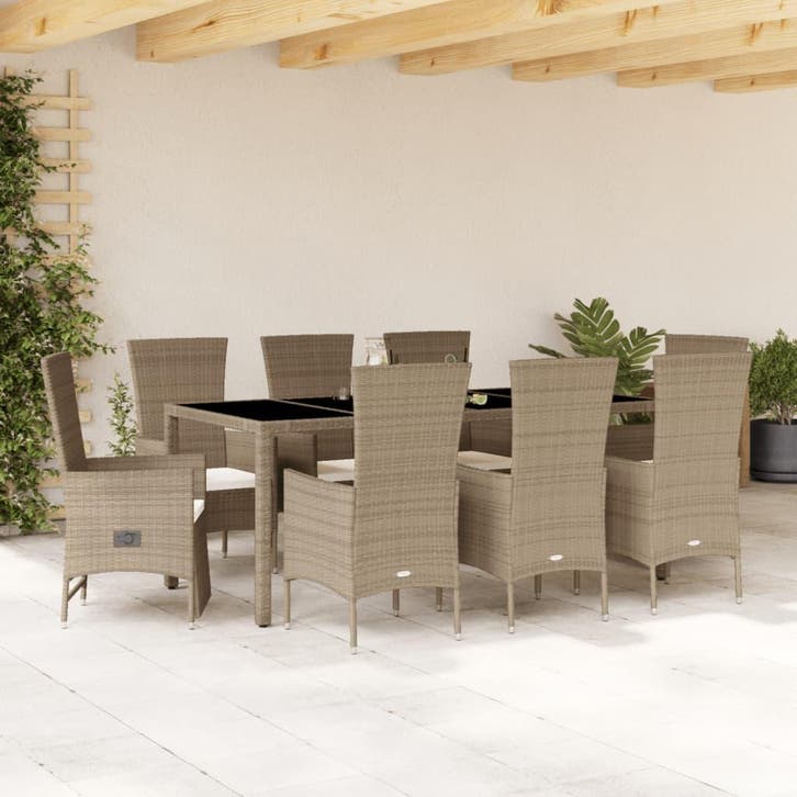 vidaXL 9-delige Tuinset met kussens poly rattan beige, Jardin & Terrasse, Ensembles de jardin, Envoi