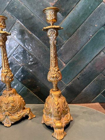 1850-1900 prachtig paar massief Barok - Kandelaar (2) -, Antiek en Kunst