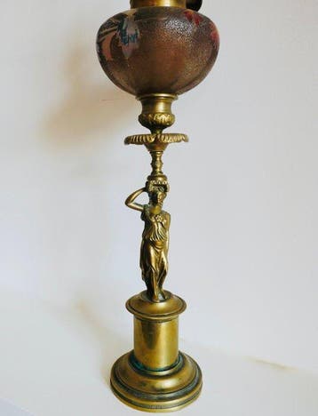 Lampe à pétrole - Bronze, Verre - Lampe à Pétrole, Antiek en Kunst