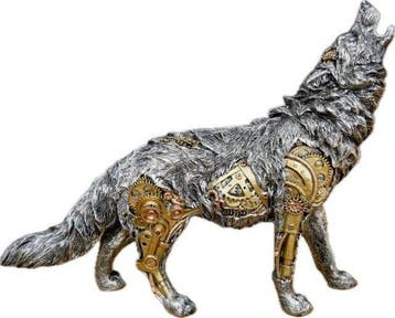 sculptuur, Industrial Steampunk Wolf Figurine – Howling, Antiek en Kunst