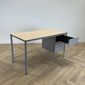 bureau met vast ladeblok 140x70 cm,   ahorn - grijs