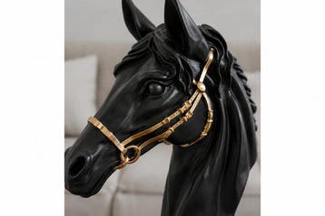 sculptuur, Elegant Black Horse Bust with Gold Bridle and