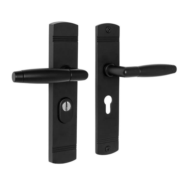 Retro buitendeurbeslag klink/klink PC55 in mat zwart met..., Doe-het-zelf en Bouw, Hang- en Sluitwerk, Klink of Kruk, Nieuw, Koper of Messing