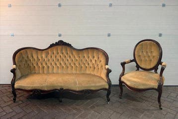 Bank - Hout - Victoriaans bank en stoel