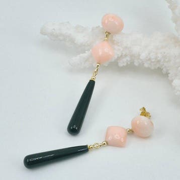 Koraal - Zilver, Verguld - Oorbellen - Corallo Rosa en Onice
