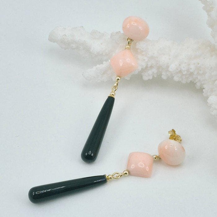 Koraal - Zilver, Verguld - Oorbellen - Corallo Rosa en Onice, Antiek en Kunst, Curiosa en Brocante