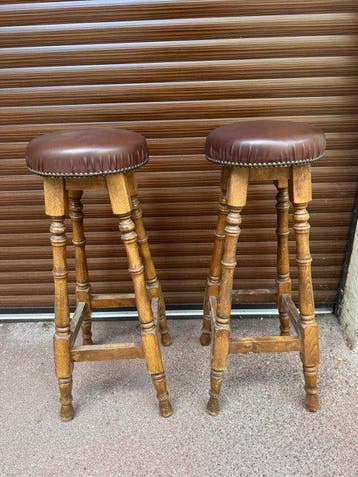 Tabouret (2) - Bois, Cuir - Pair of Rustic Bar Stools
