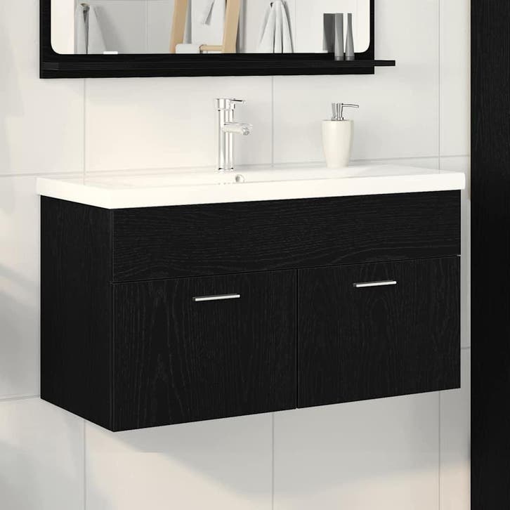 vidaXL Badkamerkast Zwart Eiken 90 x 38,5 x 46 cm Bewerkt, Huis en Inrichting, Badkamer | Badkamermeubels, Nieuw, Verzenden