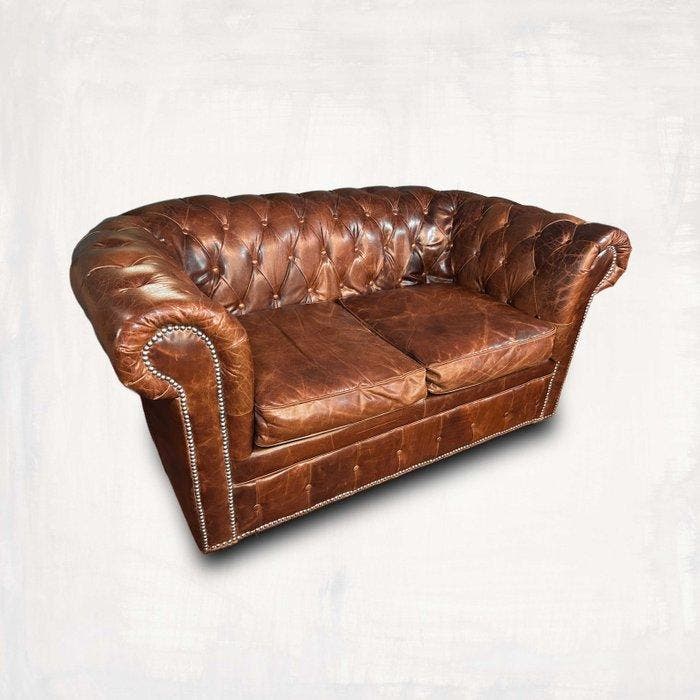 Sofa - kleur bruin leer, prachtige authentieke natuurlijke, Antiquités & Art, Curiosités & Brocante