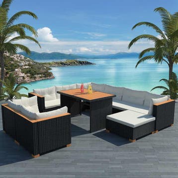 vidaXL 10-delige Loungeset met kussens poly rattan zwart, Tuin en Terras, Verzenden, Nieuw, Loungeset
