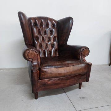 Chesterfield style - Fauteuil - Bergere - Leder, Hout -, Antiquités & Art