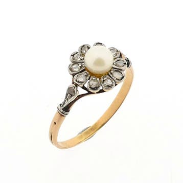 Bicolor gouden ring met parel en diamant; ca. 0,10 ct., Handtassen en Accessoires, Ringen, 18 tot 19, Gebruikt, Ophalen of Verzenden