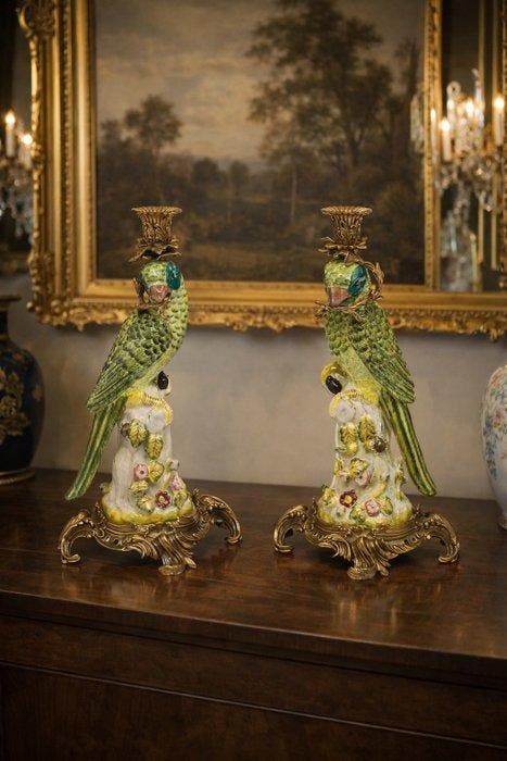 Kandelaar (2) - Porselein, Brons - Exclusief paar papegaaien, Antiquités & Art, Art | Objets design