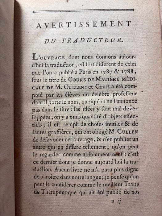 Cullen - Traité de Matière Médicale - 1789, Antiek en Kunst, Antiek | Boeken en Manuscripten